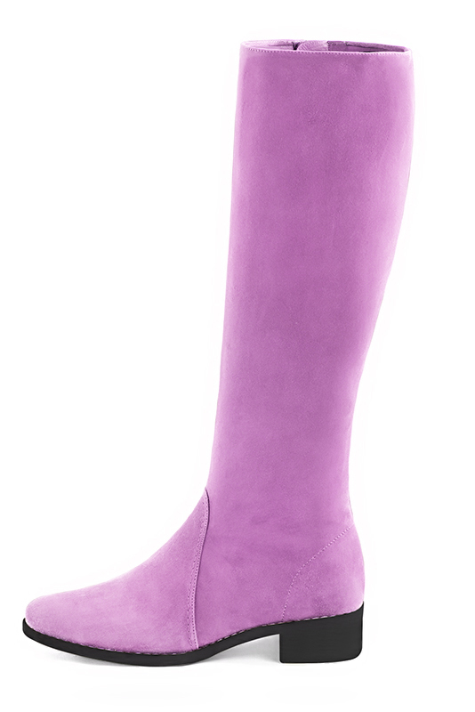 Mauve purple women's riding knee-high boots. Round toe. Low leather soles. Made to measure. Profile view - Florence KOOIJMAN